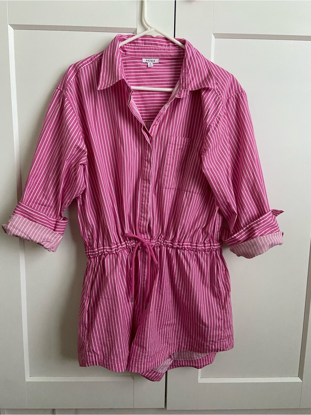 Pistola Pink Striped Button Down Romper | Drawstring Waist